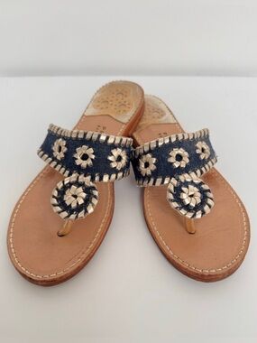 Stephen Bonanno Denim and Gold Palm Beach Leather Sandals, Size 8